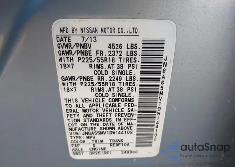 2013 Nissan Rogue Sv W/Sl Pkg z USA, uszkodzony, nr VIN JN8AS5MV1DW144102